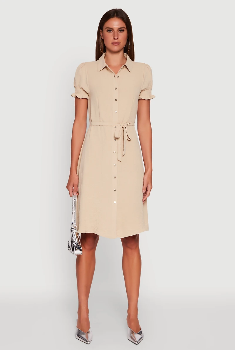 Womens Crepe Knit Puff Sleeve Shirt Dress, Beige, Size XL