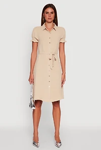 Womens Crepe Knit Puff Sleeve Shirt Dress, Beige, Size XL