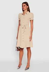 Womens Crepe Knit Puff Sleeve Shirt Dress, Beige, Size S