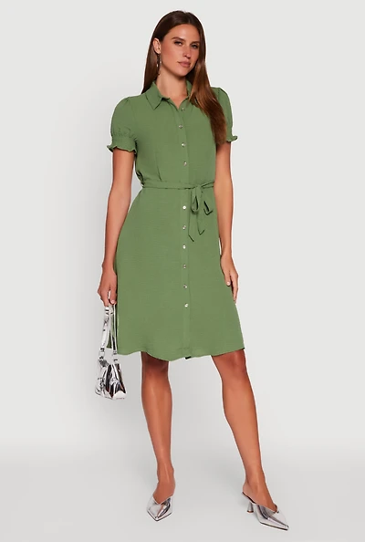 Womens Crepe Knit Puff Sleeve Shirt Dress, Green, Size S