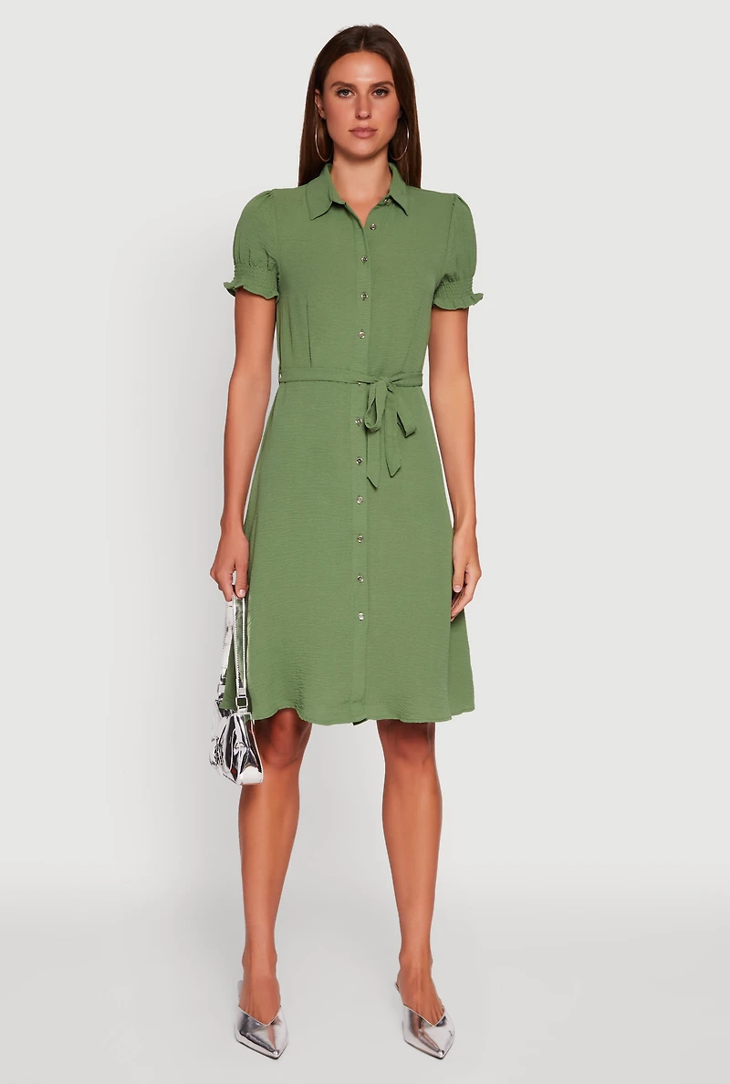 Womens Crepe Knit Puff Sleeve Shirt Dress, Green, Size S