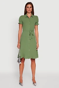Womens Crepe Knit Puff Sleeve Shirt Dress, Green, Size XL