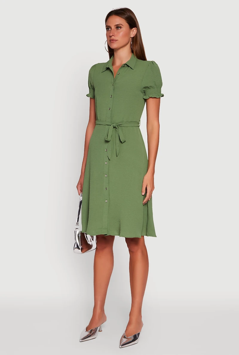 Womens Crepe Knit Puff Sleeve Shirt Dress, Green, Size S