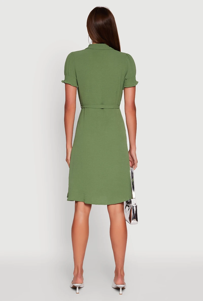 Womens Crepe Knit Puff Sleeve Shirt Dress, Green, Size S