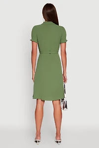 Womens Crepe Knit Puff Sleeve Shirt Dress, Green, Size S