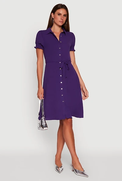Womens Crepe Knit Puff Sleeve Shirt Dress, Purple, Size S