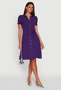 Crepe Knit Puff Sleeve Shirt Dress