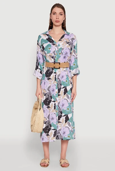 Floral Button Front Belted Shirt Dress