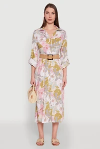 Womens Floral Button Front Belted Shirt Dress, Multi,