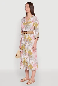 Womens Floral Button Front Belted Shirt Dress, Multi,