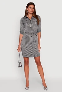 Womens Striped Zip Front Midi Dress with Tie Waist Belt, Multi,