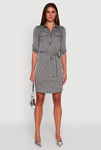 Womens Striped Zip Front Midi Dress with Tie Waist Belt, Multi,