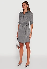 Womens Striped Zip Front Midi Dress with Tie Waist Belt, Multi,