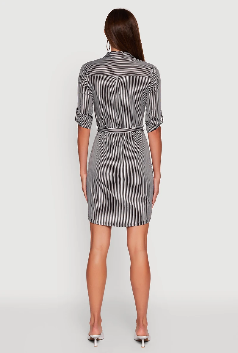 Womens Striped Zip Front Midi Dress with Tie Waist Belt, Multi,