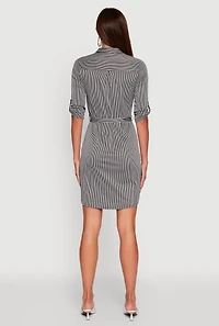 Womens Striped Zip Front Midi Dress with Tie Waist Belt, Multi,