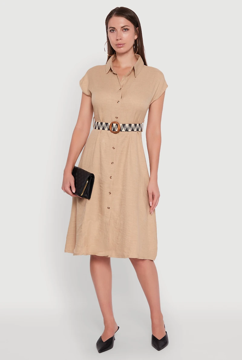 Womens Classic Fit Midi Dress with Belt and Cap Sleeves,
