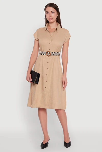 Womens Classic Fit Midi Dress with Belt and Cap Sleeves,