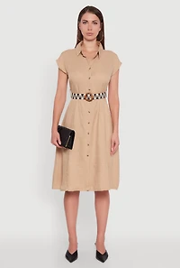 Womens Classic Fit Midi Dress with Belt and Cap Sleeves,