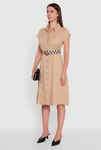 Womens Classic Fit Midi Dress with Belt and Cap Sleeves,