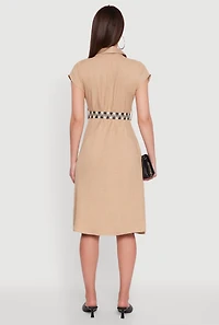 Womens Classic Fit Midi Dress with Belt and Cap Sleeves,