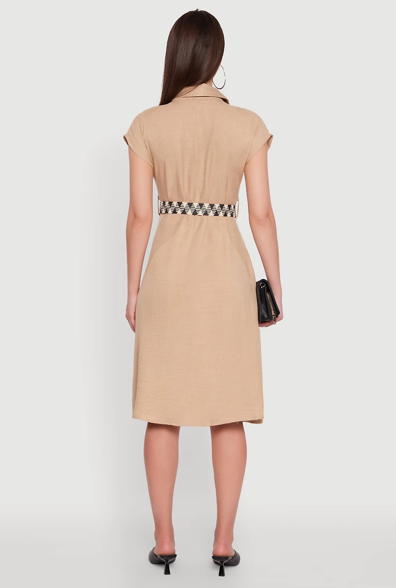 Womens Classic Fit Midi Dress with Belt and Cap Sleeves, S