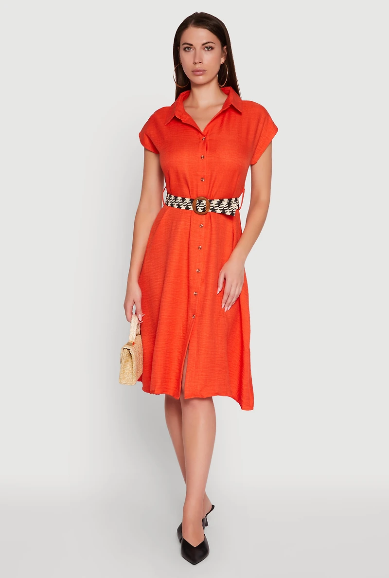 Classic Fit Midi Dress with Belt and Cap Sleeves