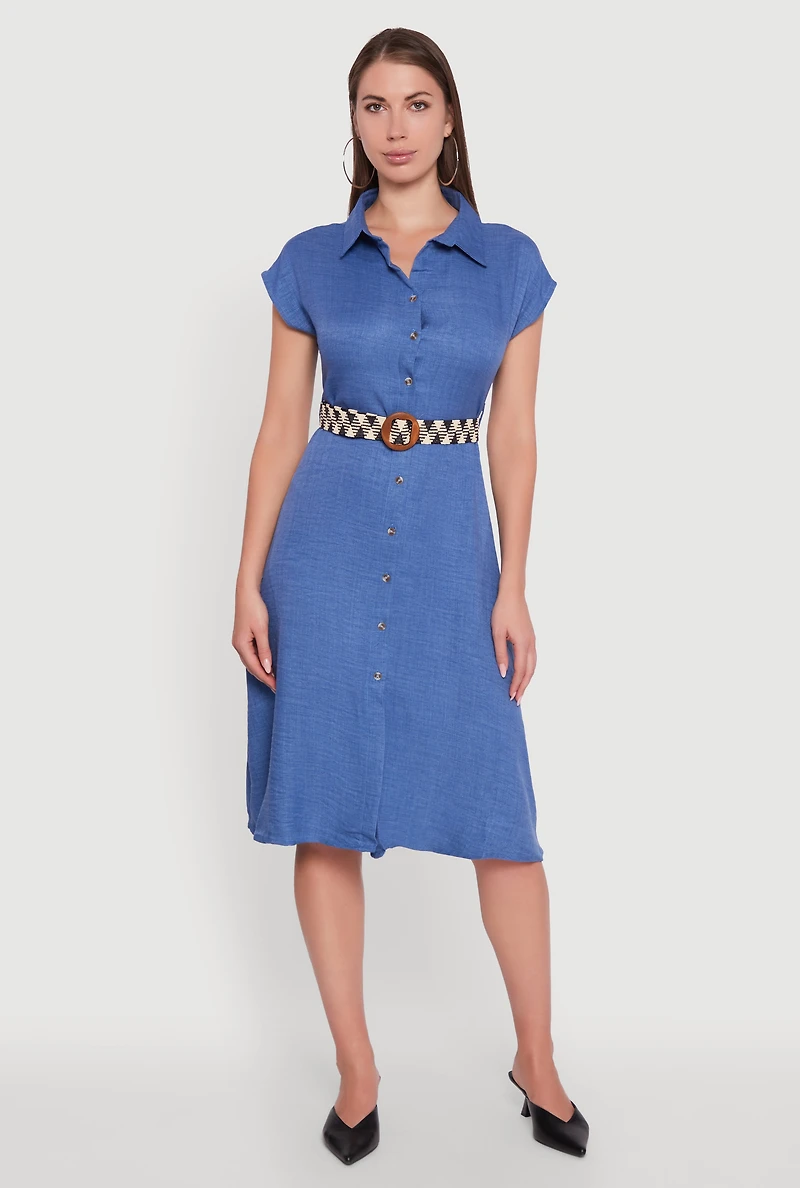 Womens Classic Fit Midi Dress with Belt and Cap Sleeves, Blue, Size L