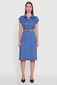 Womens Classic Fit Midi Dress with Belt and Cap Sleeves, Blue, Size L