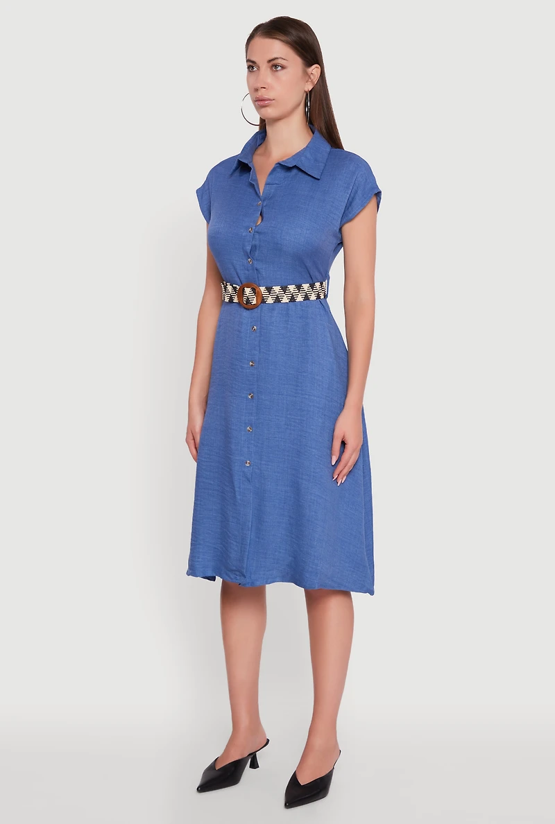 Womens Classic Fit Midi Dress with Belt and Cap Sleeves, Blue, Size L