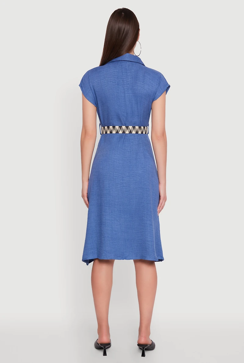 Womens Classic Fit Midi Dress with Belt and Cap Sleeves, Blue, Size L