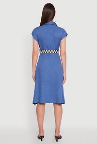 Womens Classic Fit Midi Dress with Belt and Cap Sleeves,