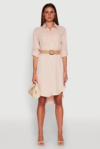 Womens High Low Shirt Dress, Beige, Size M