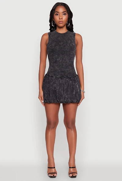 Trendy Acid Wash Bubble Hem Skater Dress with Open Back