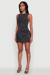 Womens Trendy Acid Wash Bubble Hem Skater Dress with Open Back, M