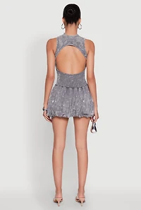 Womens Trendy Acid Wash Bubble Hem Skater Dress with Open Back, Grey, Size S