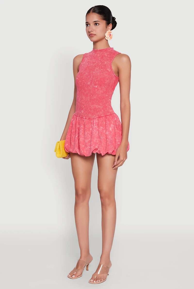 Womens Trendy Acid Wash Bubble Hem Skater Dress with Open Back, Pink, Size S