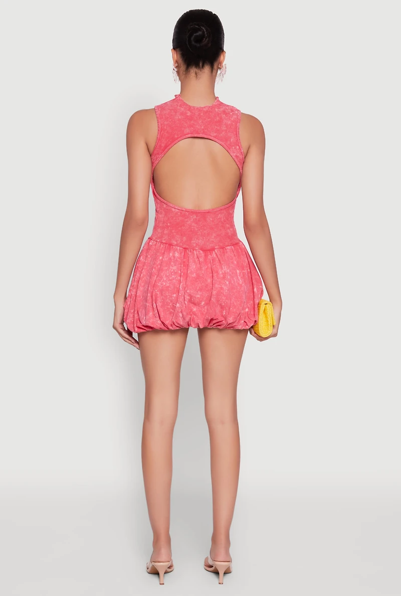 Womens Trendy Acid Wash Bubble Hem Skater Dress with Open Back, Pink, Size S