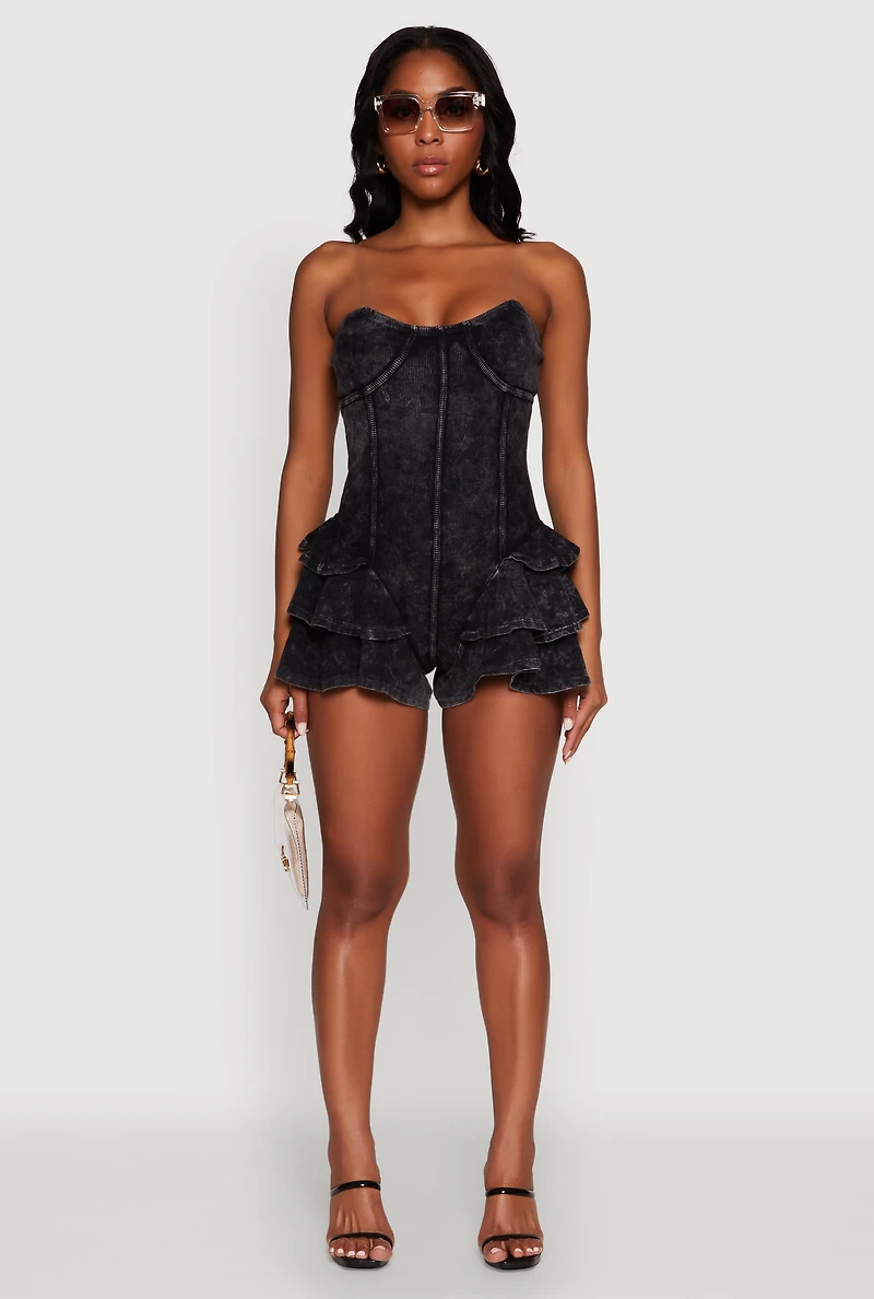 Womens Trendy Acid Wash Corset Romper with Tiered Ruffles, Black, Size M