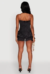 Womens Trendy Acid Wash Corset Romper with Tiered Ruffles, Black, Size M