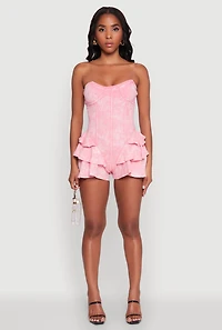Womens Trendy Acid Wash Corset Romper with Tiered Ruffles, Pink, Size M