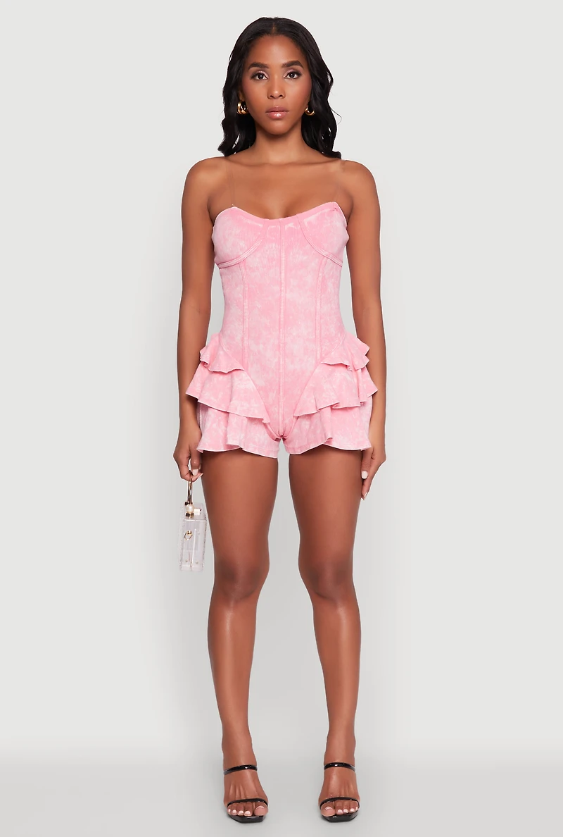 Trendy Acid Wash Corset Romper with Tiered Ruffles