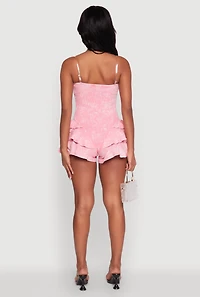 Womens Trendy Acid Wash Corset Romper with Tiered Ruffles, Pink, Size L