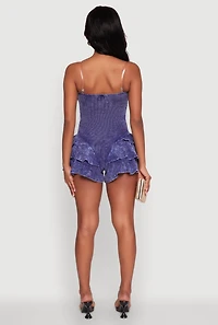 Womens Trendy Acid Wash Corset Romper with Tiered Ruffles, L