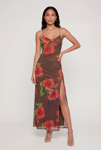 Patterned Side Slit Open Back Maxi Dress