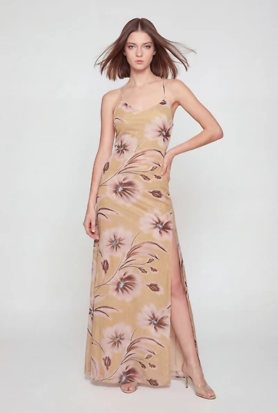 Patterned Side Slit Open Back Maxi Dress