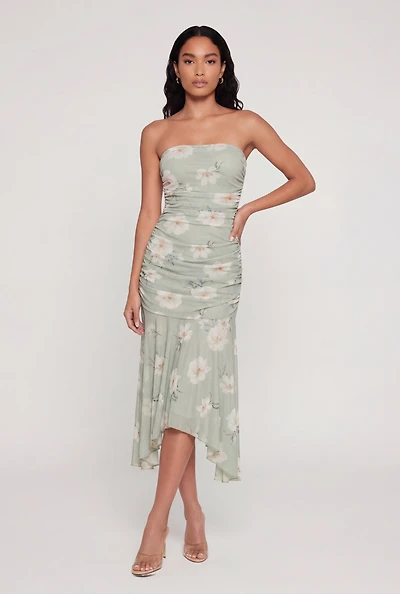 Floral Mesh Ruched Side Tube Dress