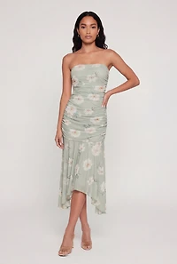 Floral Mesh Ruched Side Tube Dress