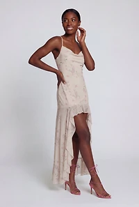 Floral Print Ruffle Trim High Low Maxi Dress