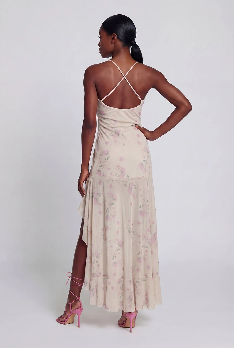 Floral Print Ruffle Trim High Low Maxi Dress