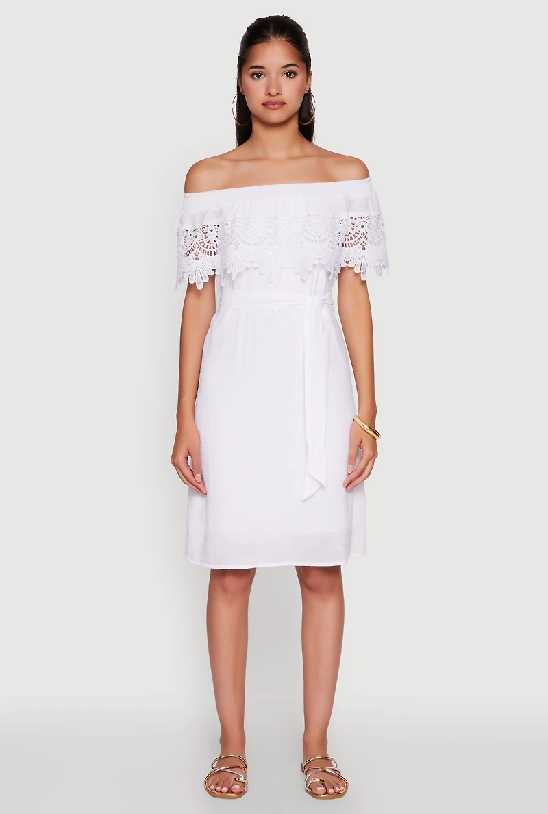 Womens Chic Off the Shoulder Crochet Sundress with Tie Waist Belt, White, Size L